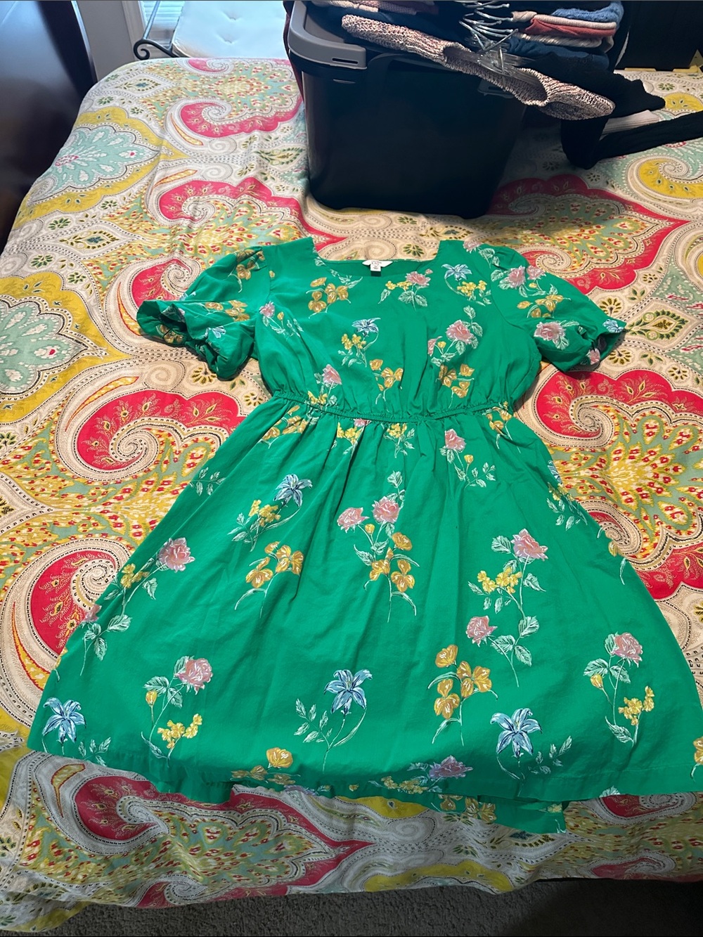 crown & ivy Green Floral Mini Dress with Puff Sleeves